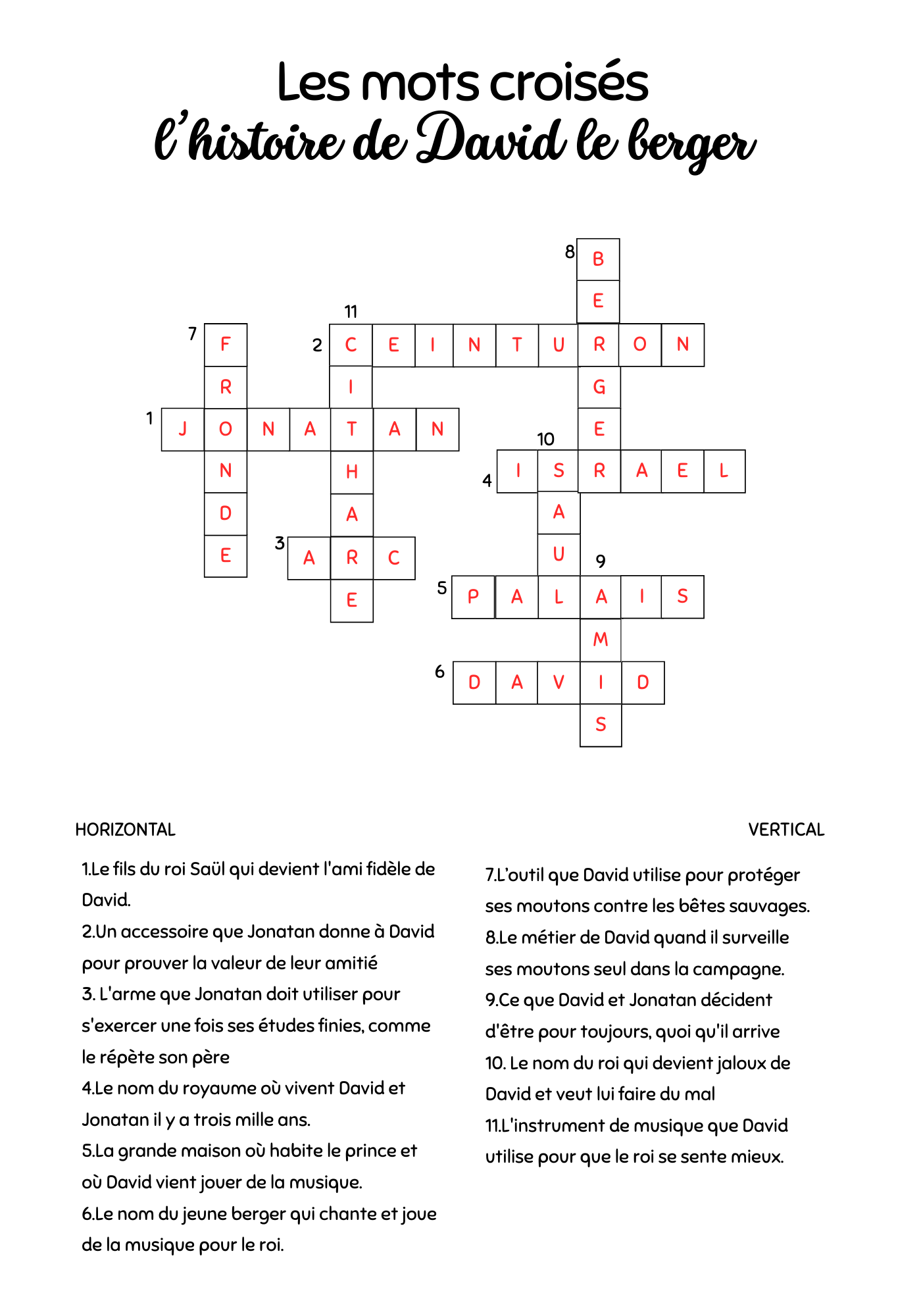 Réponses Mots croisés David Le berger CE1-CE2